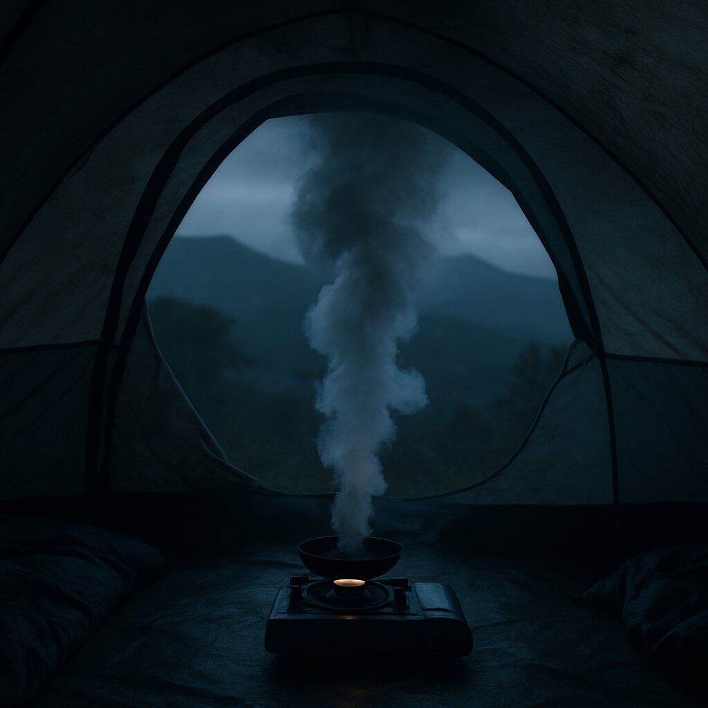 Ilustrasi bahaya kompor gas dalam tenda camping tertutup tanpa ventilasi