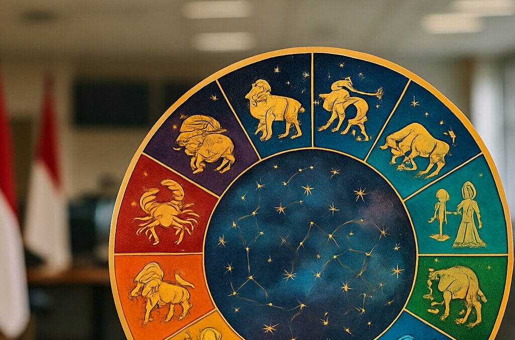 Ilustrasi roda zodiak dengan 12 rasi bintang dan latar belakang kosmik bintang