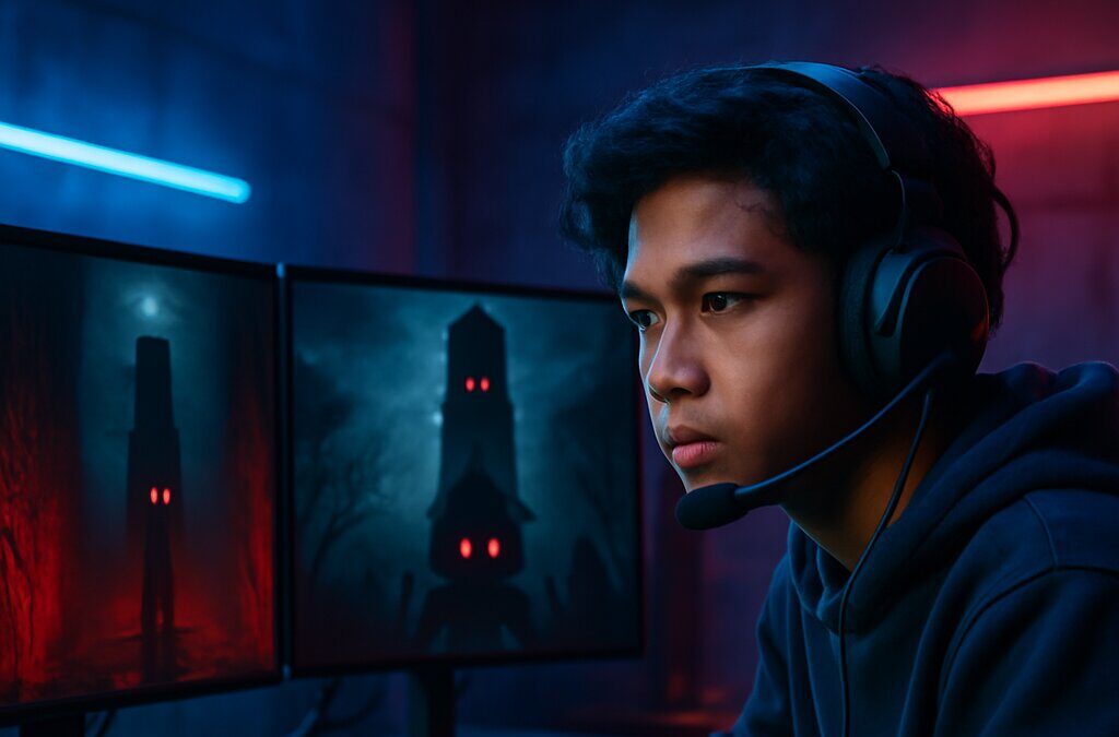 Streamer Indonesia bermain game horor Roblox dengan setup gaming profesional