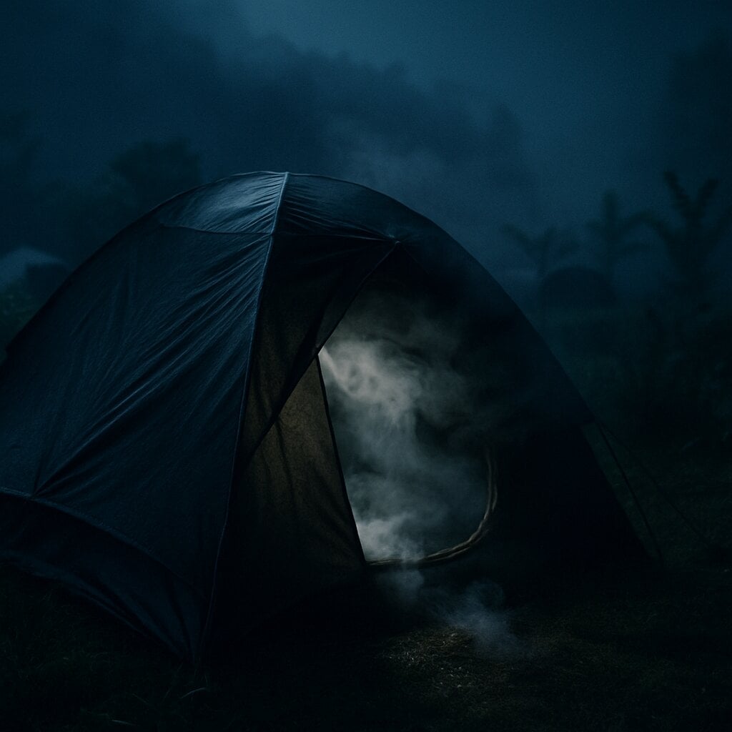 Ilustrasi tenda camping tertutup dengan asap di area glamping Posong Temanggung