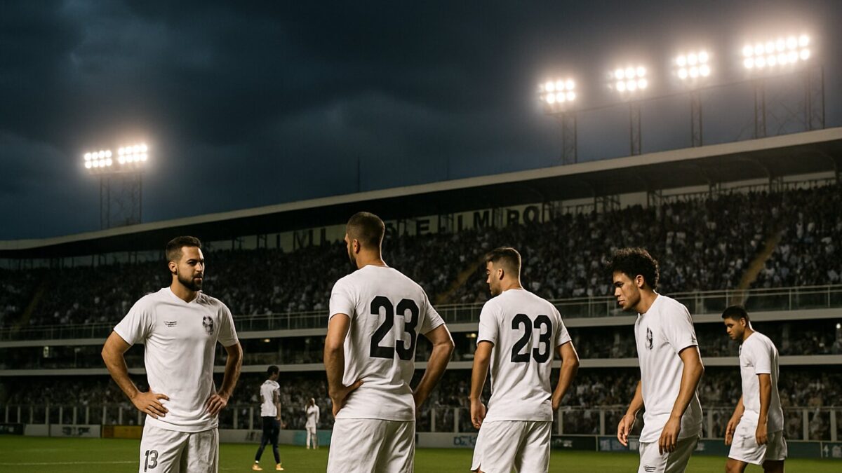 Pemain Santos FC bersiap untuk pertandingan melawan Vitória di Stadion Vila Belmiro dalam laga krusial Brasileirão