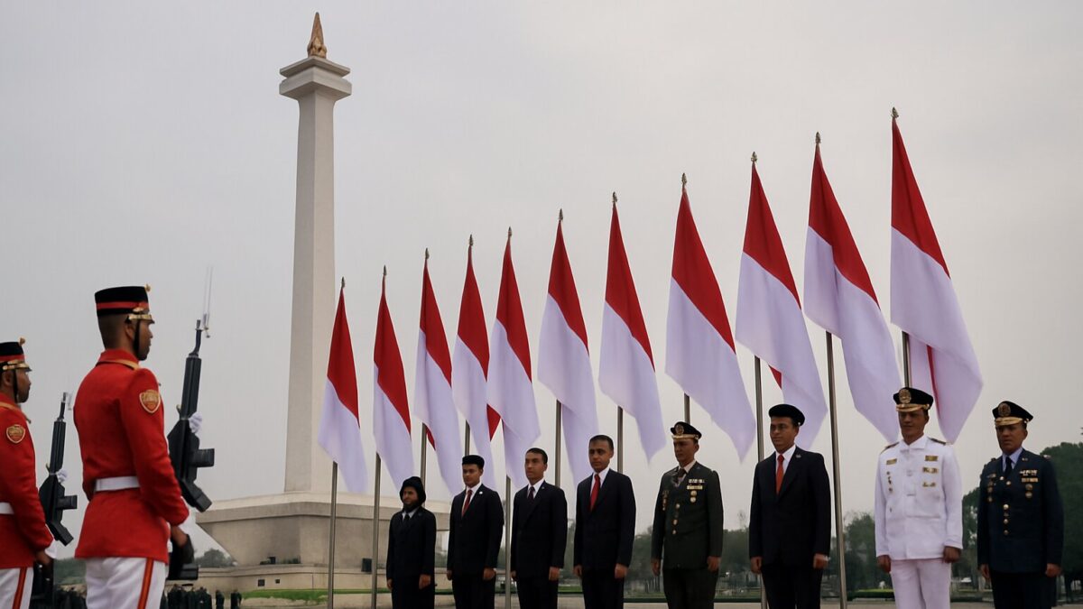 Upacara resmi kenegaraan Hari Lahir Pancasila dengan bendera Indonesia dan pejabat negara