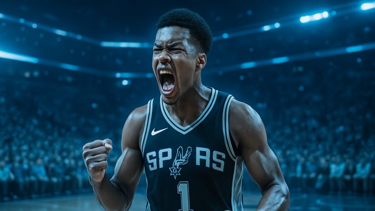 Viktor Wembanyama merayakan kemenangan Spurs di playoff NBA 2026 melawan Thunder