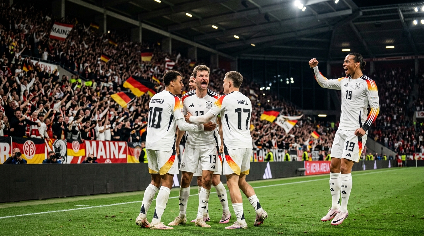 Pemain timnas Jerman merayakan gol dalam laga persahabatan melawan Finlandia di Mainz