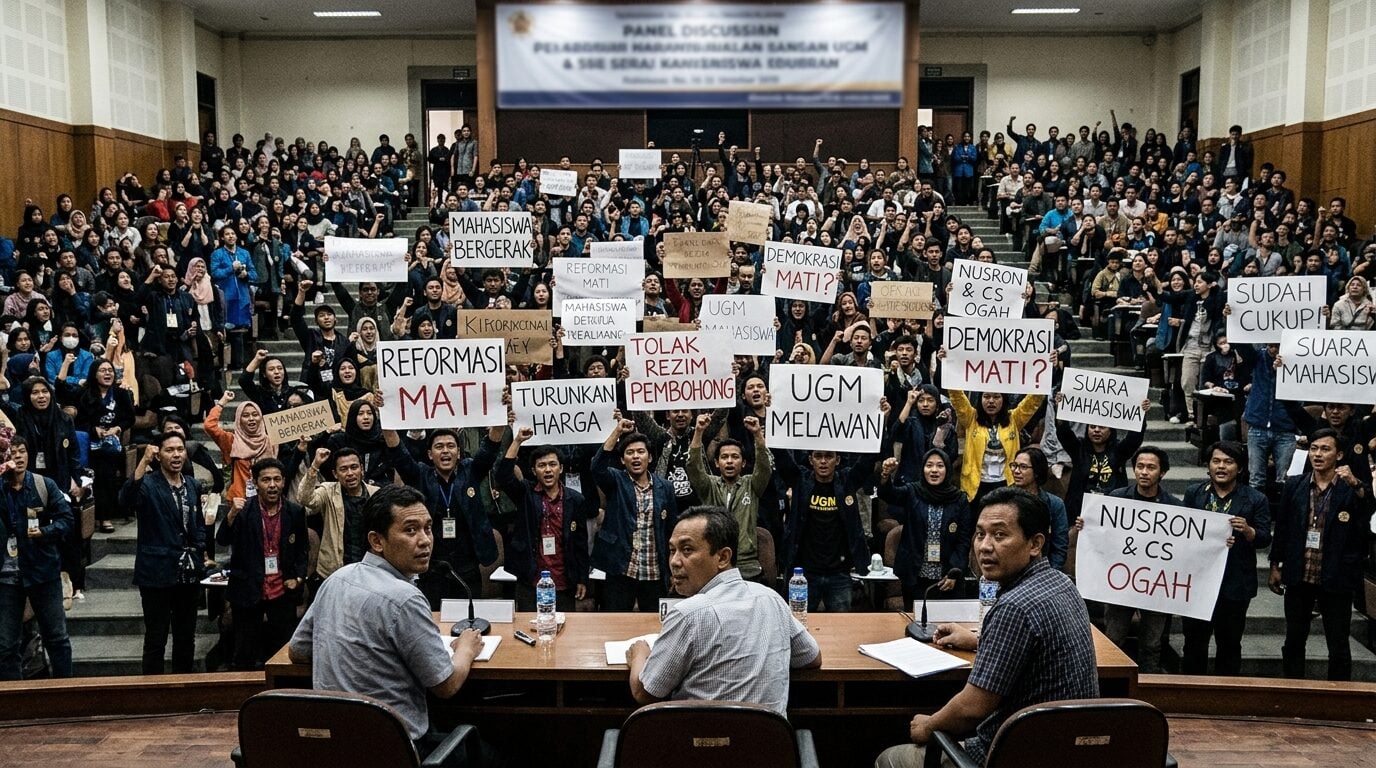 Mahasiswa geruduk diskusi dengan membawa poster protes di UGM Yogyakarta