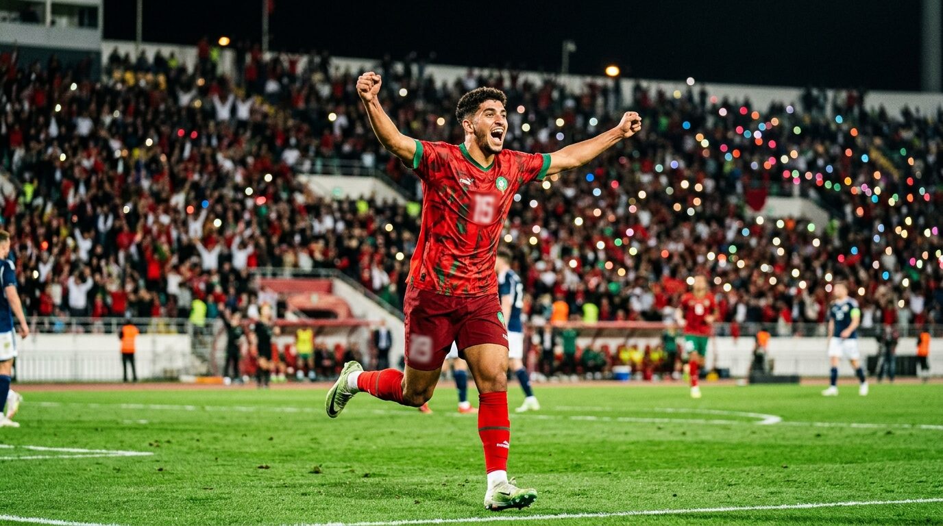 Aksi selebrasi pemain timnas Maroko setelah mencetak Gol Cepat Saibari Bawa Maroko Ungguli Skotlandia di babak pertama