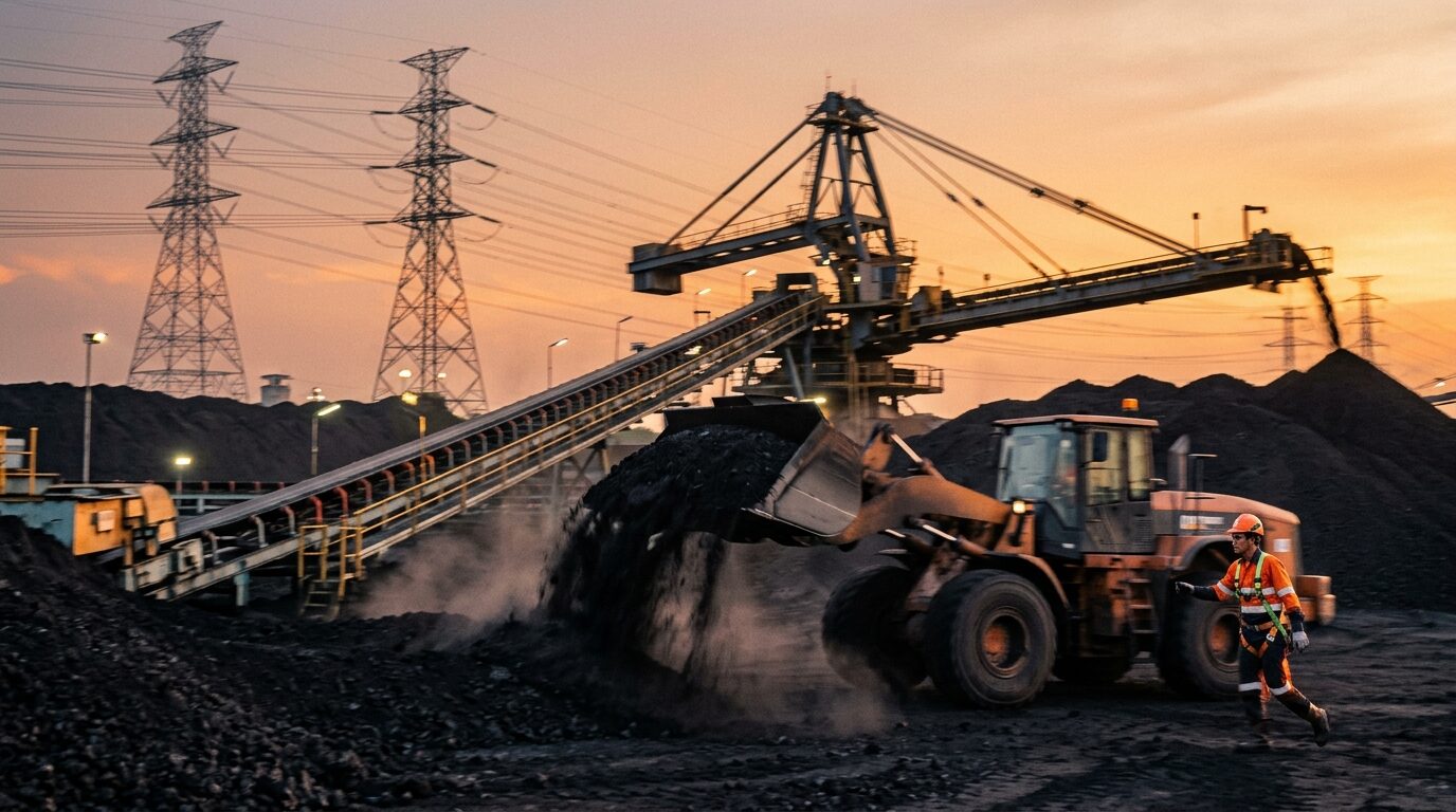 Tumpukan batu bara industri dengan latar belakang tower transmisi listrik PLN tegangan tinggi