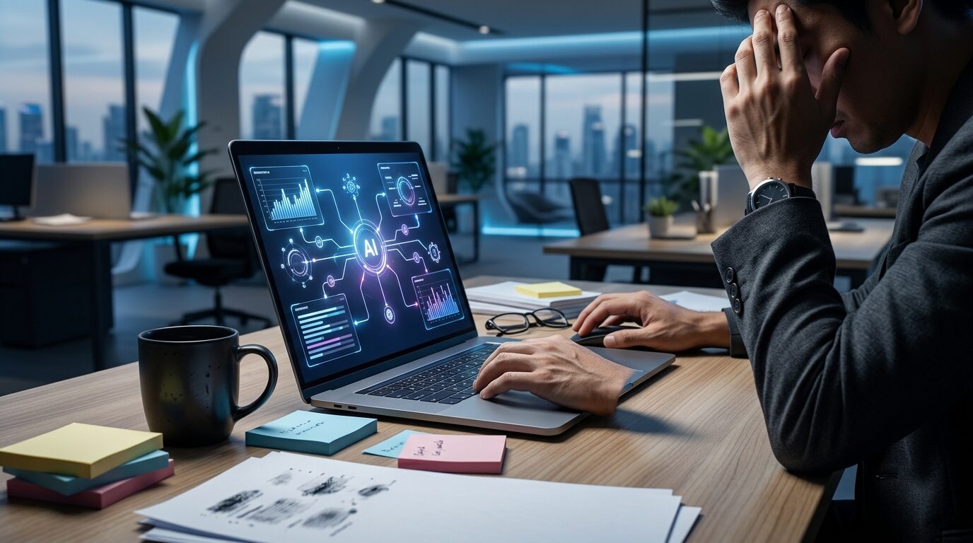 Ilustrasi burnout AI di kantor dan beban kerja tim