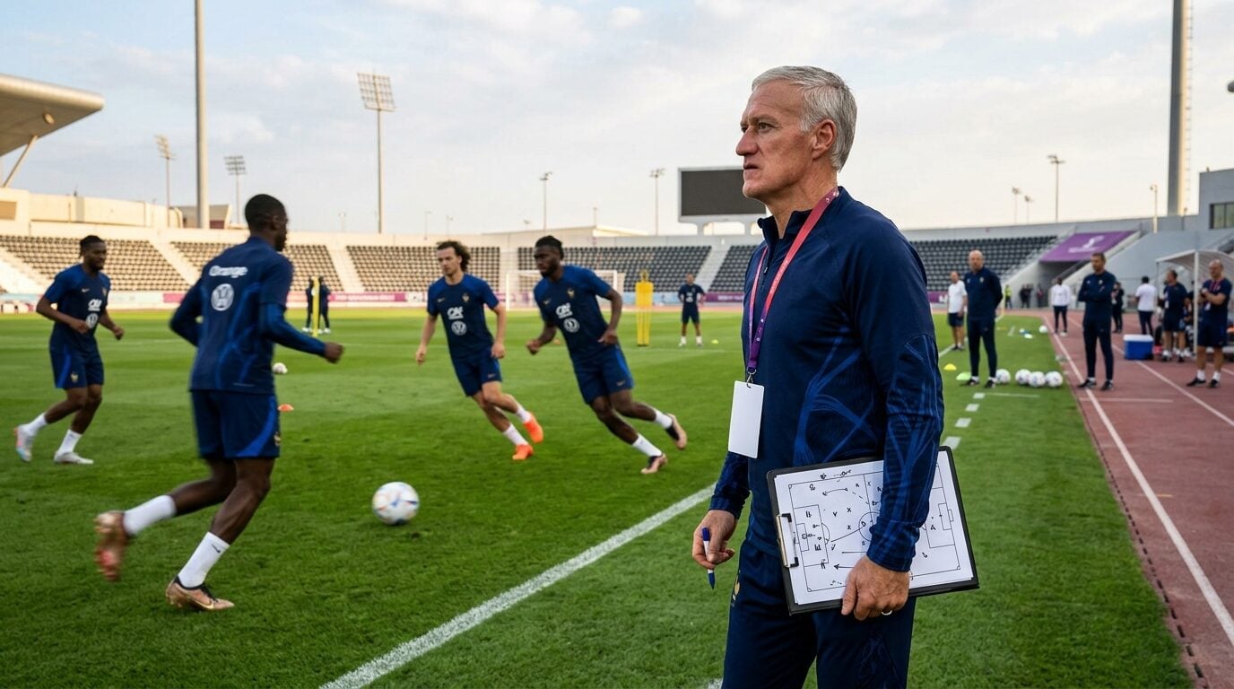 Didier Deschamps pelatih Prancis memimpin sesi latihan Piala Dunia dengan para pemain