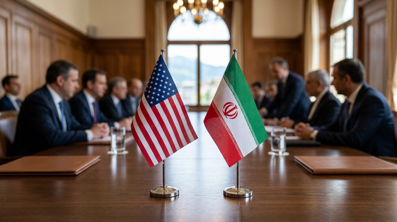 Bendera Amerika Serikat dan Iran bersanding dalam meja perundingan diplomasi di Swiss