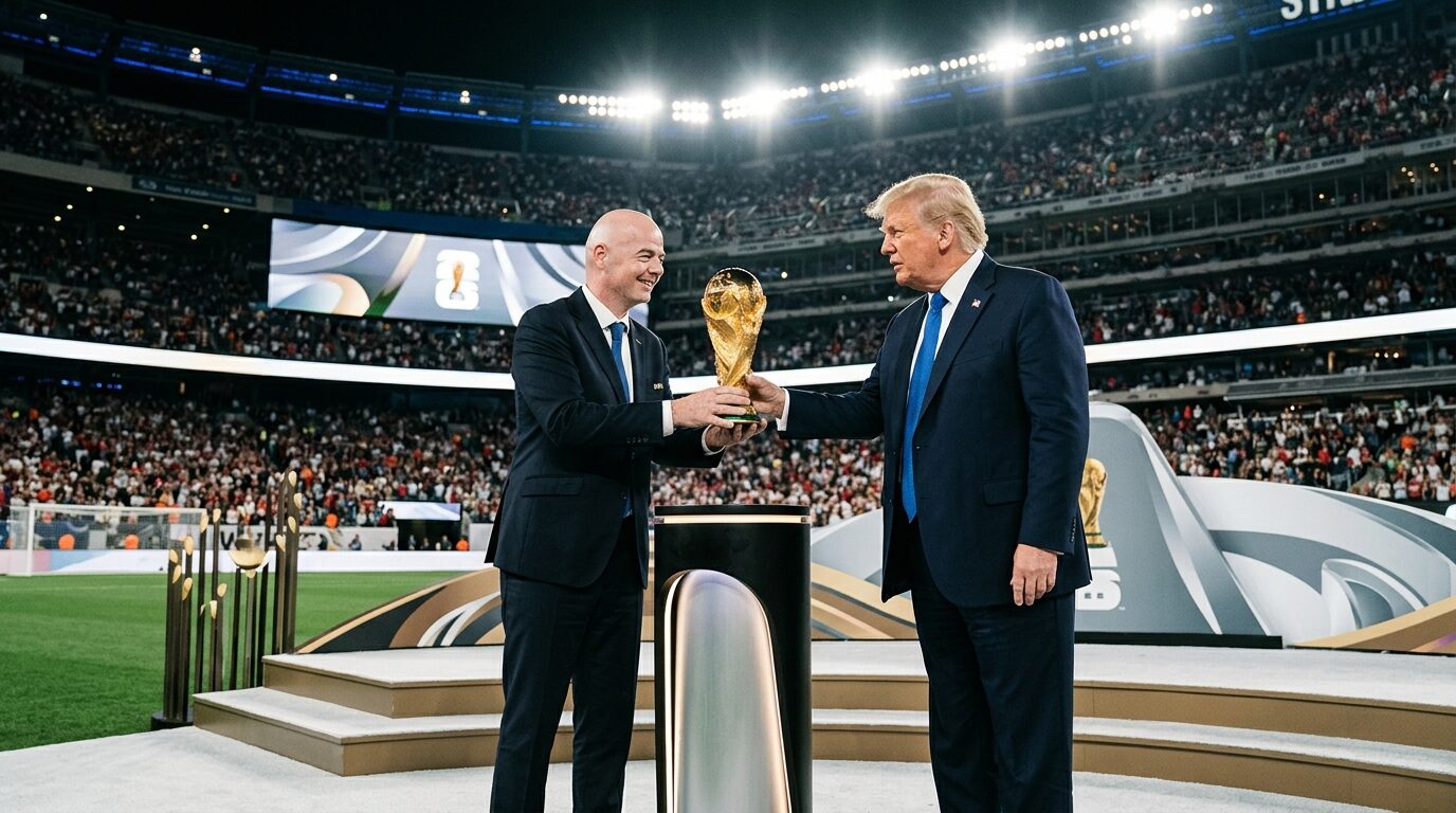 Trofi emas Piala Dunia berdiri di podium stadion modern jelang laga final