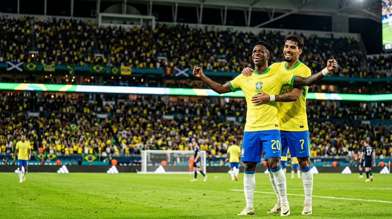 Selebrasi gol pemain timnas Brasil Vinicius Junior di lapangan hijau