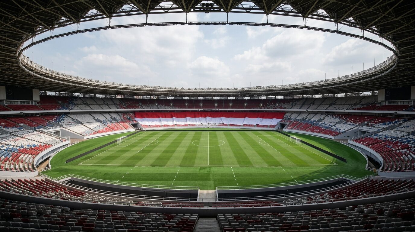 Stadion GBK Jakarta dengan bendera Indonesia untuk pertandingan Timnas Piala AFF 2026