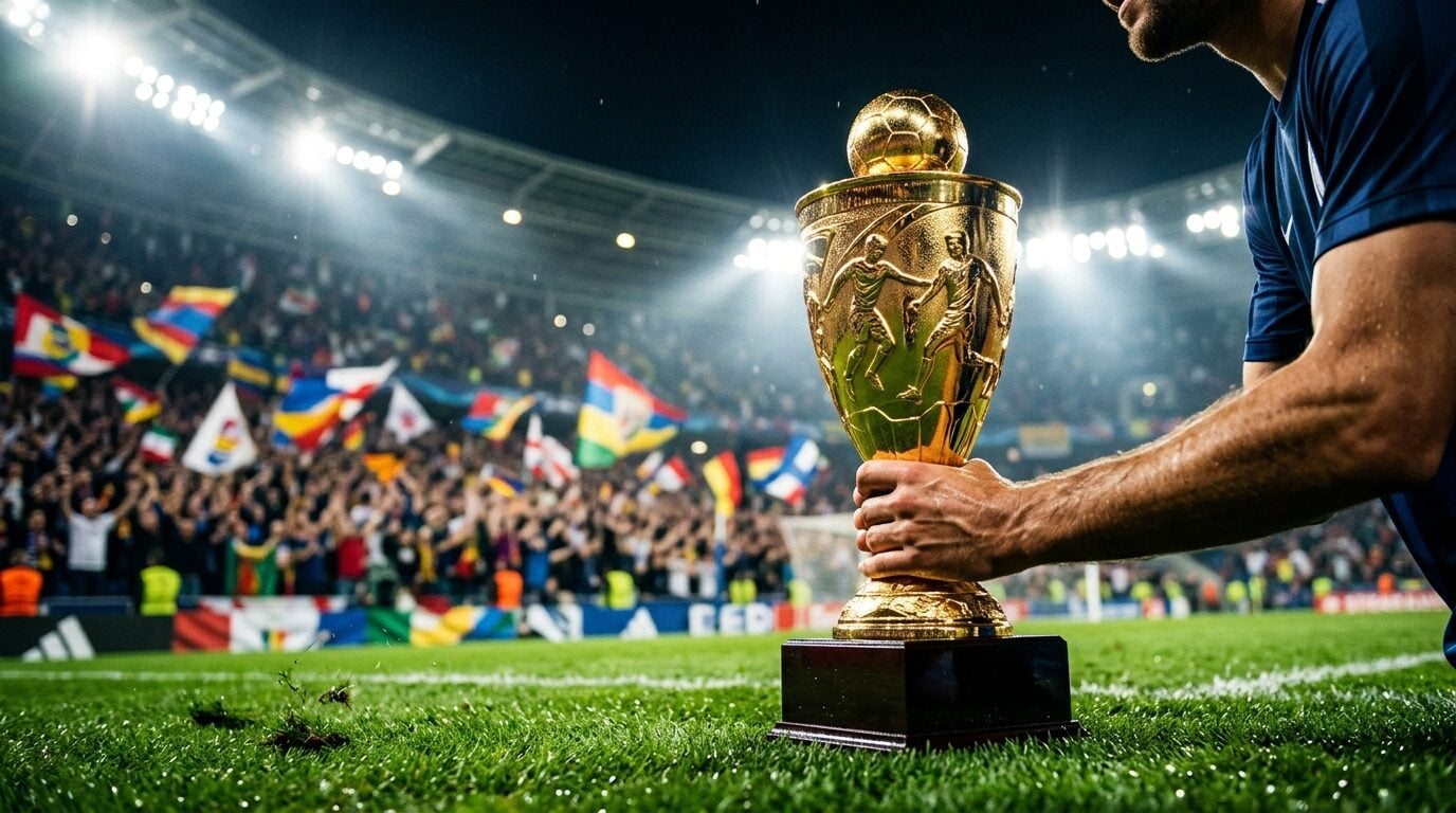 Trofi sepak bola emas di lapangan stadion malam hari untuk Tim Terbaik Fase Grup Piala Dunia 2026