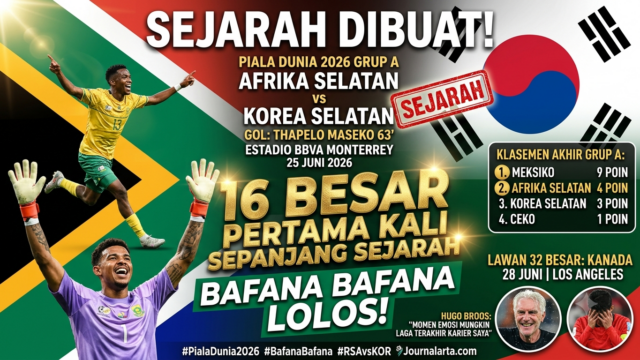 Sejarah Tercipta! Afrika Selatan Kalahkan Korea Selatan 1-0 dan Lolos ke 16 Besar Piala Dunia 2026