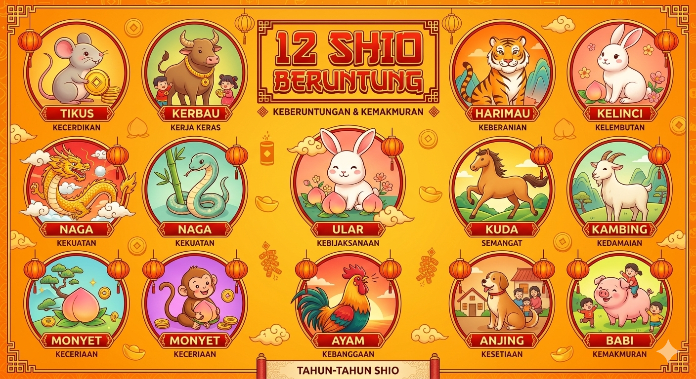 Ilustrasi 12 lambang shio dengan latar warna cerah melambangkan keberuntungan