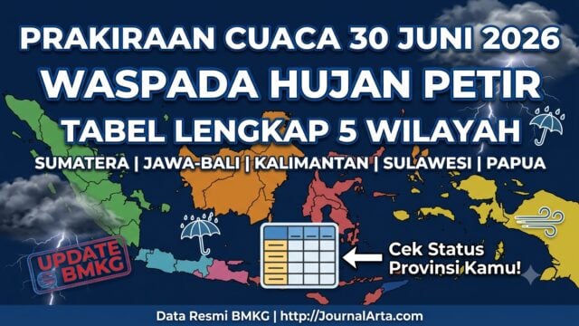 Prakiraan Cuaca 30 Juni 2026 BMKG: Tabel Lengkap 5 Wilayah + Waspada Hujan Petir & Angin Kencang