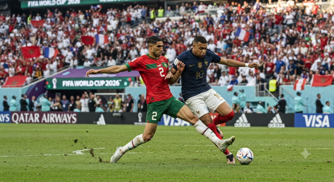 Aksi pemain timnas Maroko dan Prancis berduel memperebutkan bola di babak perempat final Piala Dunia 2026
