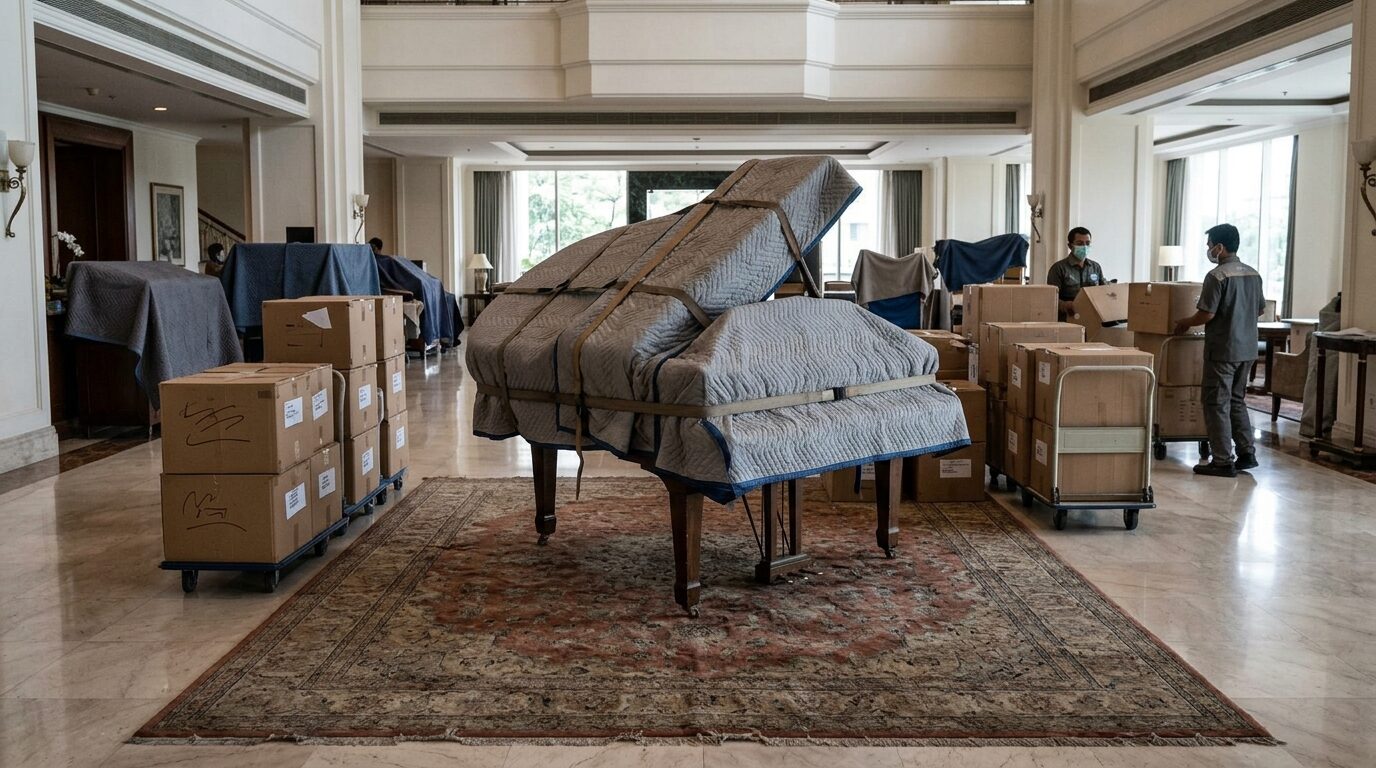 Barang Hotel Sultan dikemas bersama grand piano dan linen