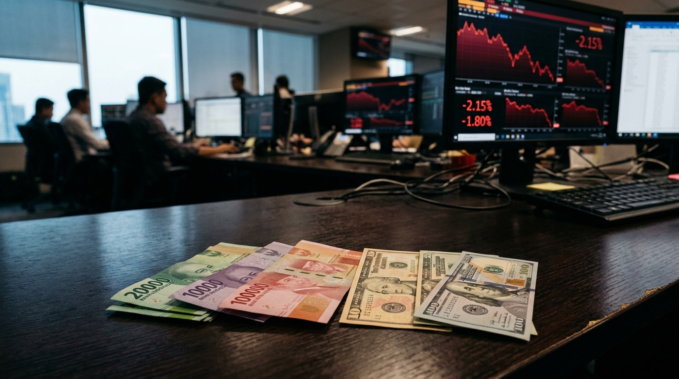 Ilustrasi perbandingan mata uang rupiah dan dolar AS di meja trading finansial