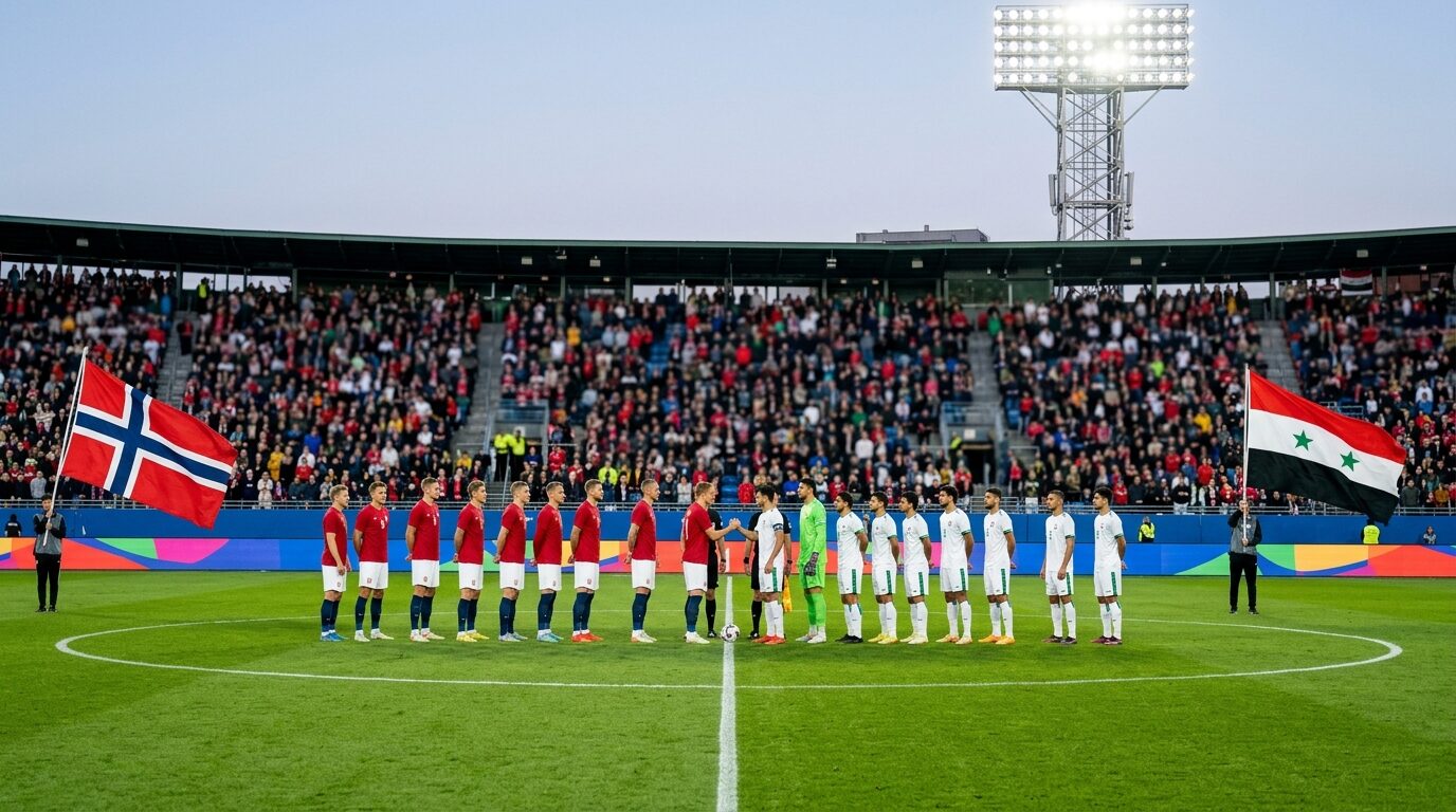 Tim Irak dan Norwegia berdiri di lapangan Stadion Boston siap pertandingan Piala Dunia 2026