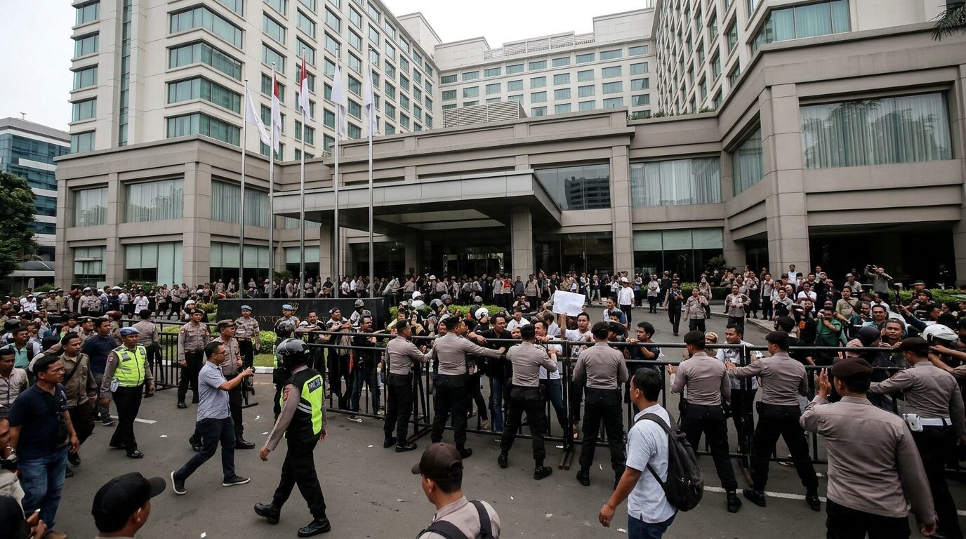 Aparat kepolisian menjaga perimeter Hotel Sultan saat proses eksekusi putusan pengadilan berlangsung di Jakarta