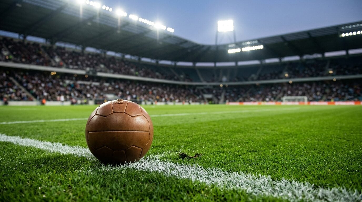 Sepak bola modern dengan rumput hijau di bawah lampu stadion merepresentasikan dukungan Prabowo untuk Timnas