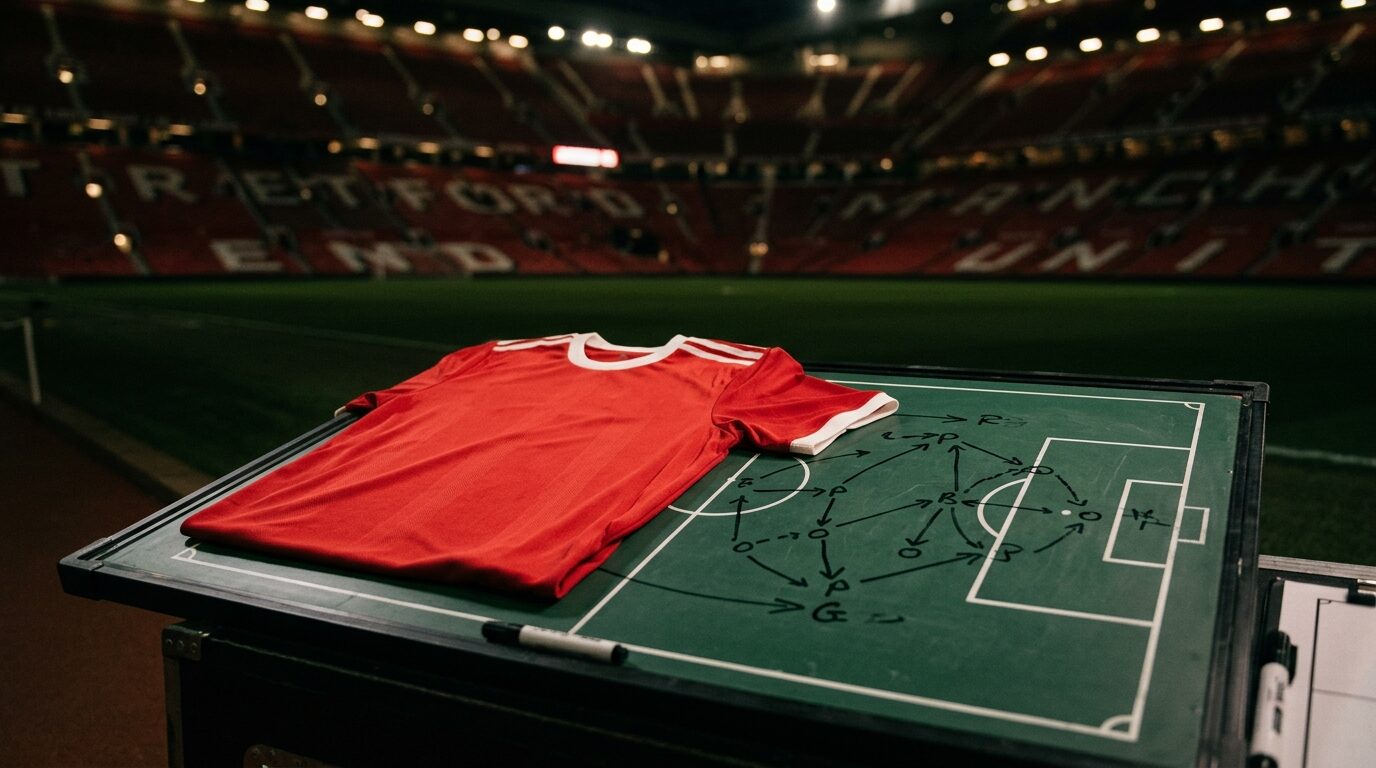 Jersey Manchester United di atas papan taktik sepak bola merah