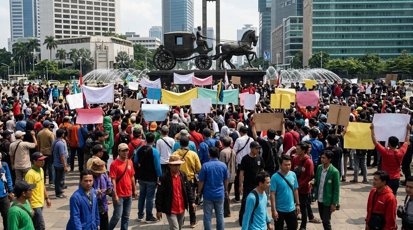 Massa menggelar aksi unjuk rasa di kawasan Patung Kuda Jakarta mendukung program Makan Bergizi Gratis
