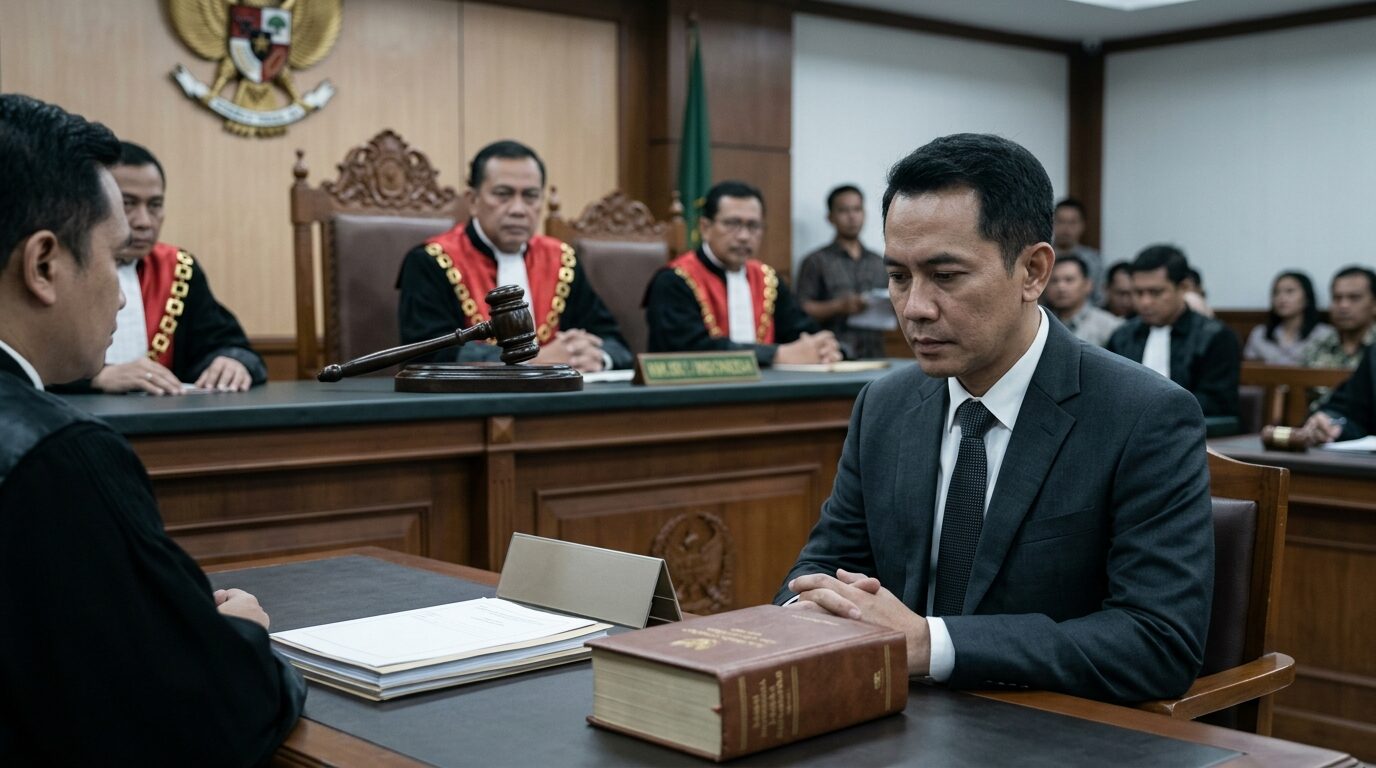 Ruang sidang Pengadilan Tindak Pidana Korupsi Jakarta dengan palu hakim dan dokumen putusan hukuman