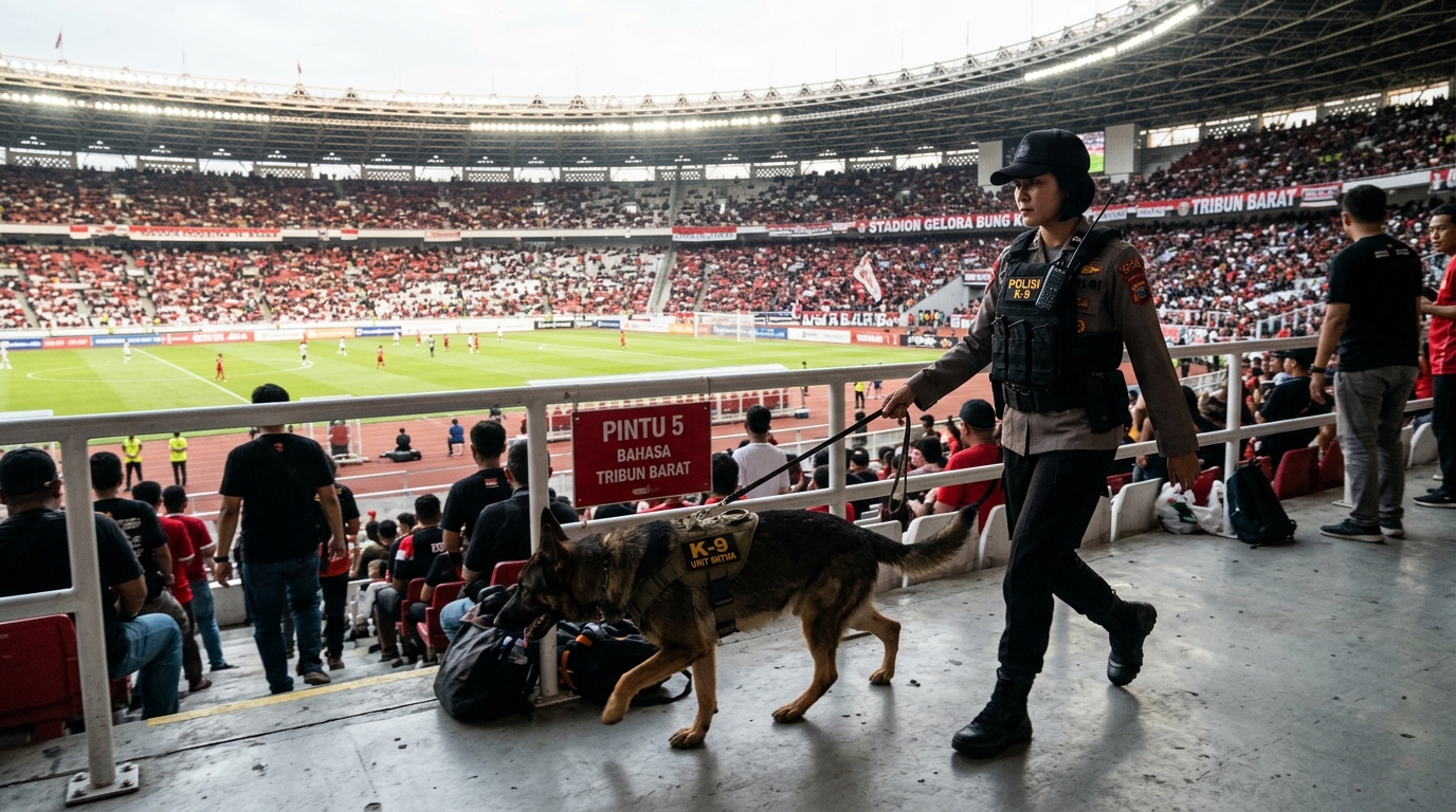 Pasukan Brimob dan unit K-9 Polda Sumut melakukan sterilisasi stadion sepak bola