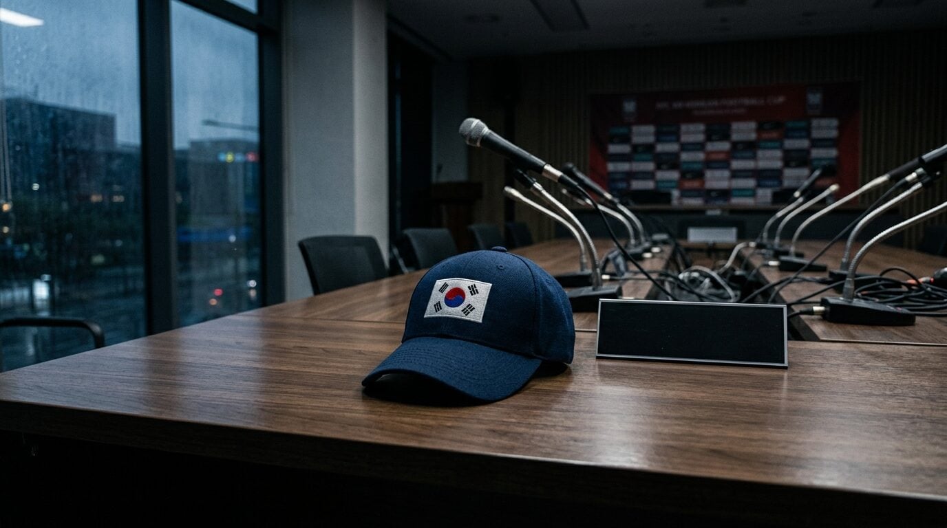 Topi timnas Korea Selatan diletakkan di meja konferensi pers setelah pelatih Korsel Hong Myung-bo mundur
