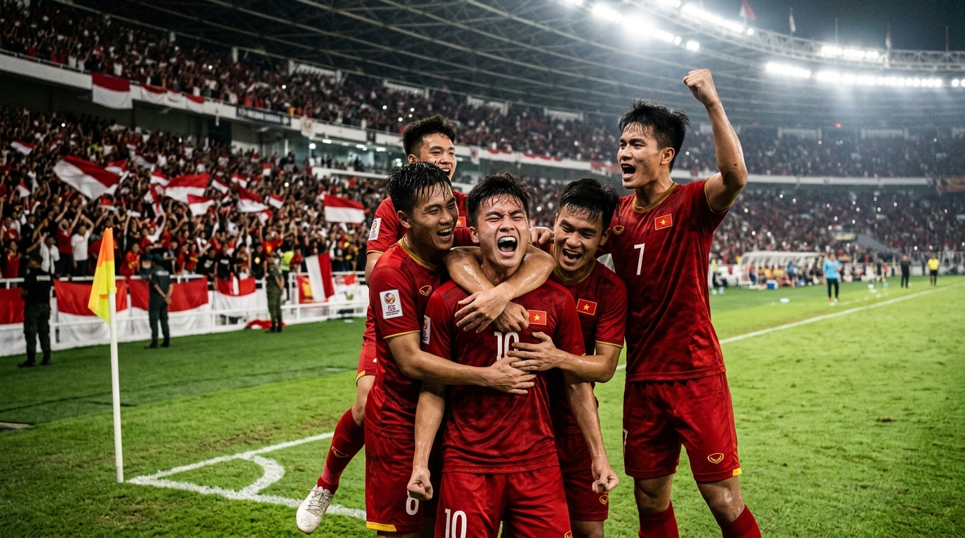 Pemain Vietnam U-19 merayakan gol dalam pertandingan Piala AFF U-19 2026 melawan Myanmar