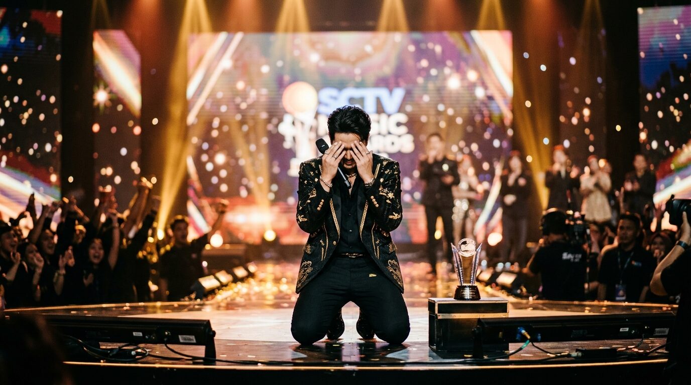 Toton Caribo musisi pemenang SCTV Music Awards 2026 di atas panggung