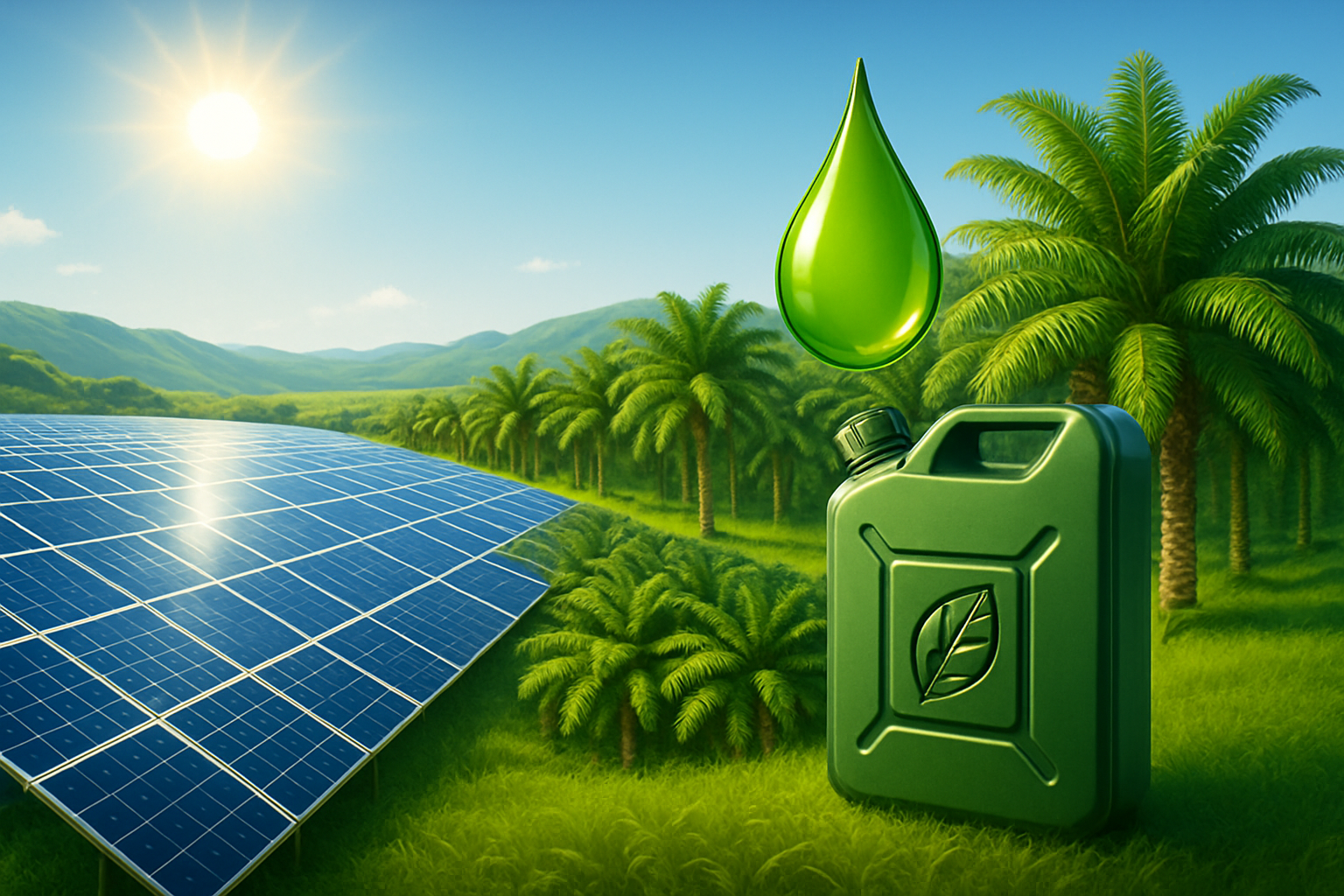 Ilustrasi dua sumber energi hijau Indonesia: PLTS tenaga surya dan biodiesel