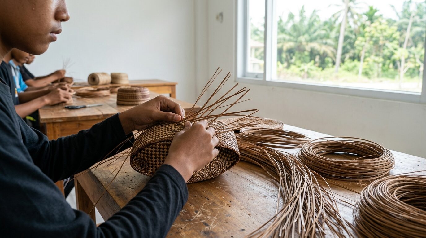 Proses pembuatan anyaman kerajinan tangan tradisional kopiah resam khas Bangka Barat menggunakan serat tumbuhan alami
