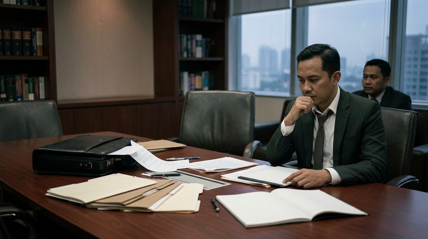 Ruang kerja pengacara dengan dokumen hukum dan kursi kosong melambangkan pengunduran diri