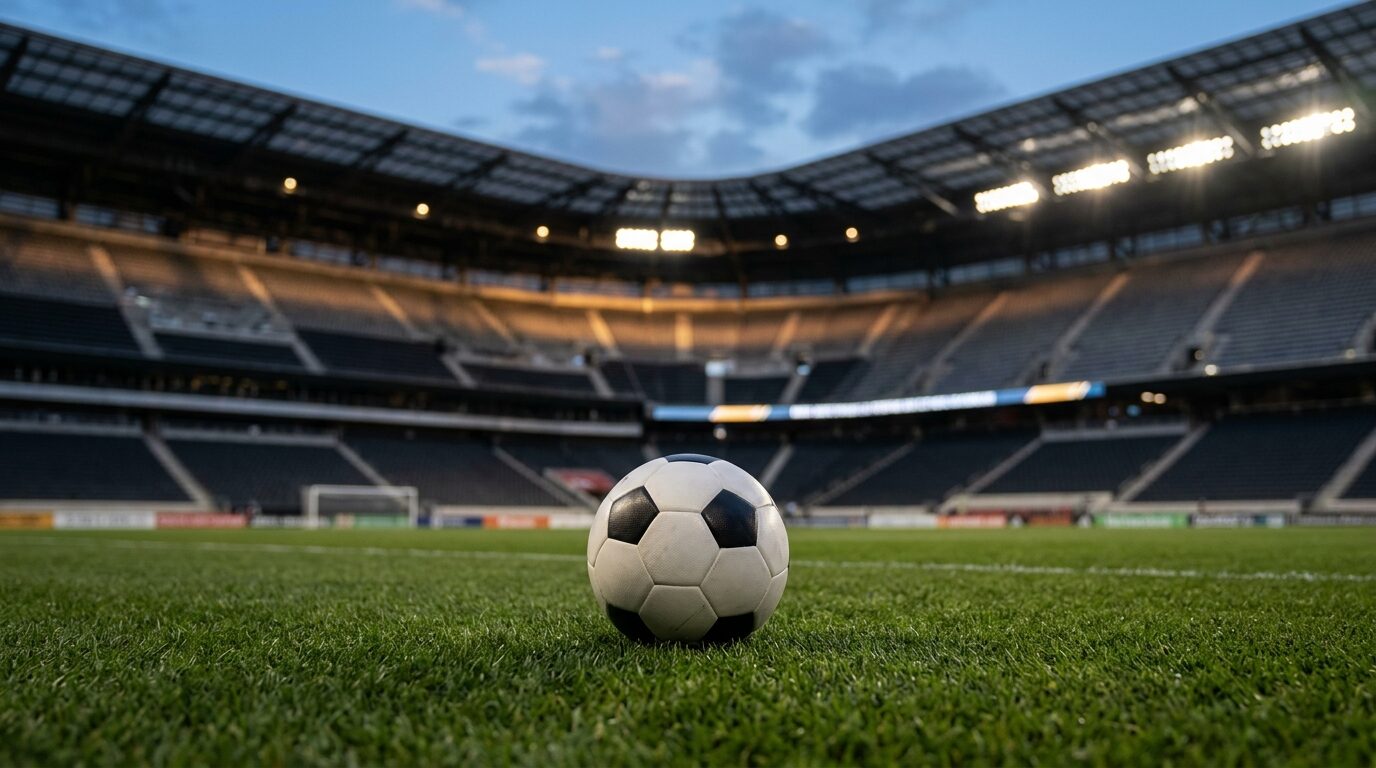 Bola sepak di atas lapangan hijau stadion modern untuk laga Norwegia vs Senegal