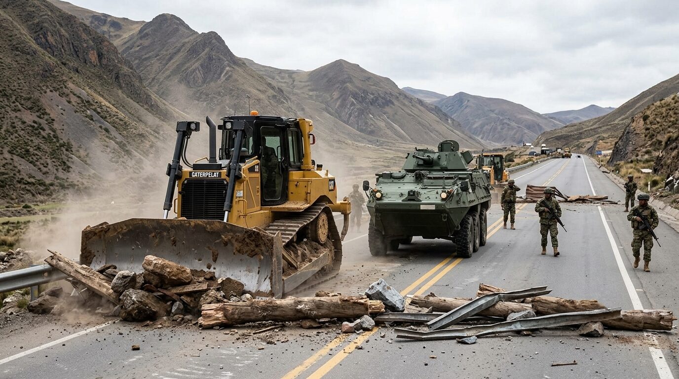 Aparat militer Bolivia mengamankan proses pembersihan sisa barikade massa aksi unjuk rasa