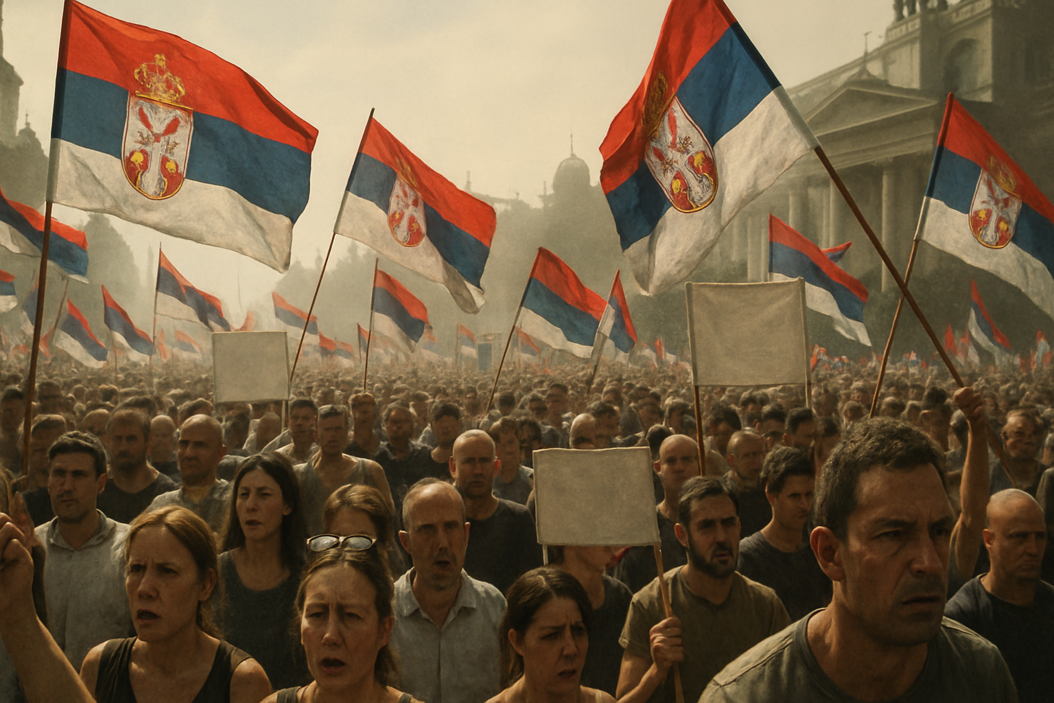 Ribuan demonstran Serbia menggelar aksi protes damai di alun-alun Kraljevo sambil membawa bendera nasional dan spanduk bertul