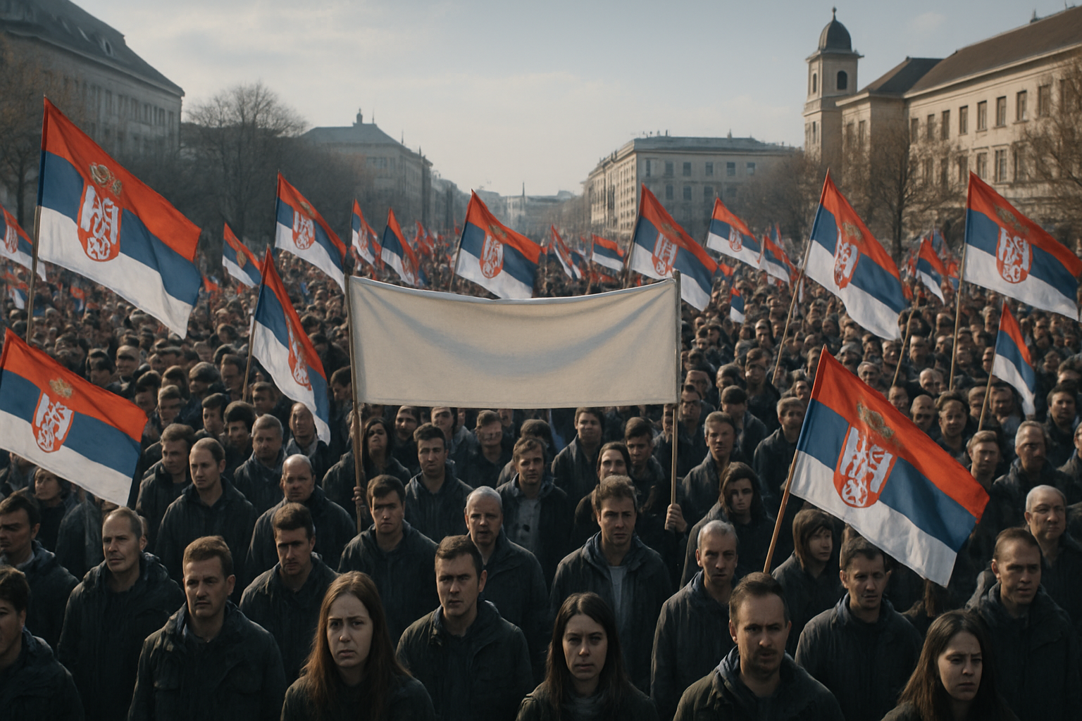 Ribuan pengunjuk rasa Serbia berkumpul di alun-alun Kraljevo dengan bendera merah-putih, spanduk bertuliskan mahasiswa menang
