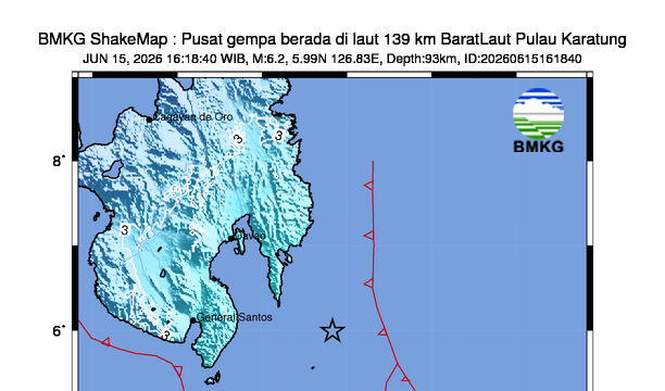 Gempa Menengah M6.2 di laut 139 km BaratLaut Pulau Karatung, Gempa ini dirasakan untuk diteruskan pada masyarakat