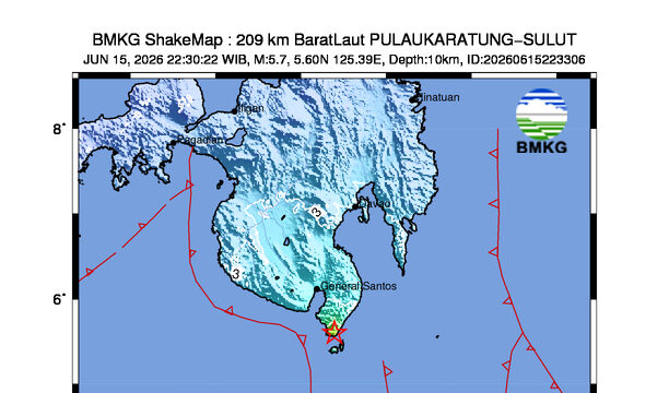BMKG: Gempa M5.7 Terjadi di 209 km BaratLaut PULAUKARATUNG-SULUT Pukul 22:30:22 WIB
