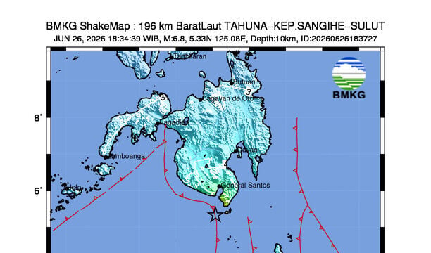 Gempa M6.8 Guncang 196 km BaratLaut TAHUNA-KEP.SANGIHE-SULUT, Kedalaman 10 km