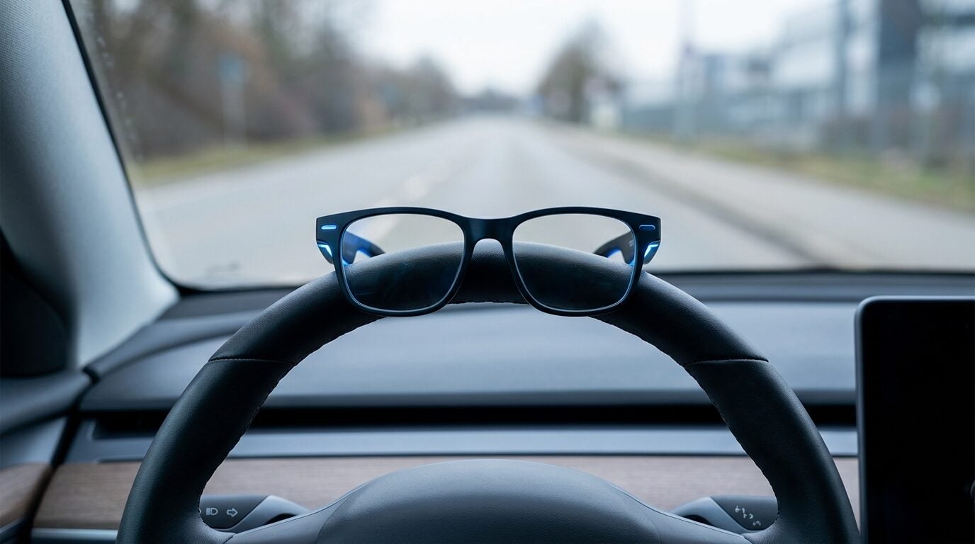 Smart glasses di atas setir mobil menunjukkan konsep pembatasan teknologi wearable untuk pengemudi