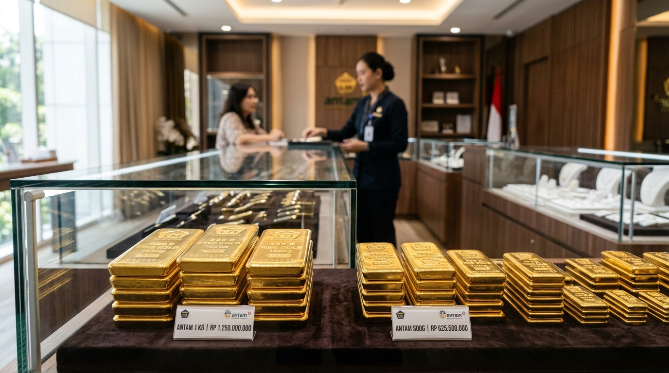 Tumpukan batangan emas di toko logam mulia Indonesia menunjukkan harga terbaru
