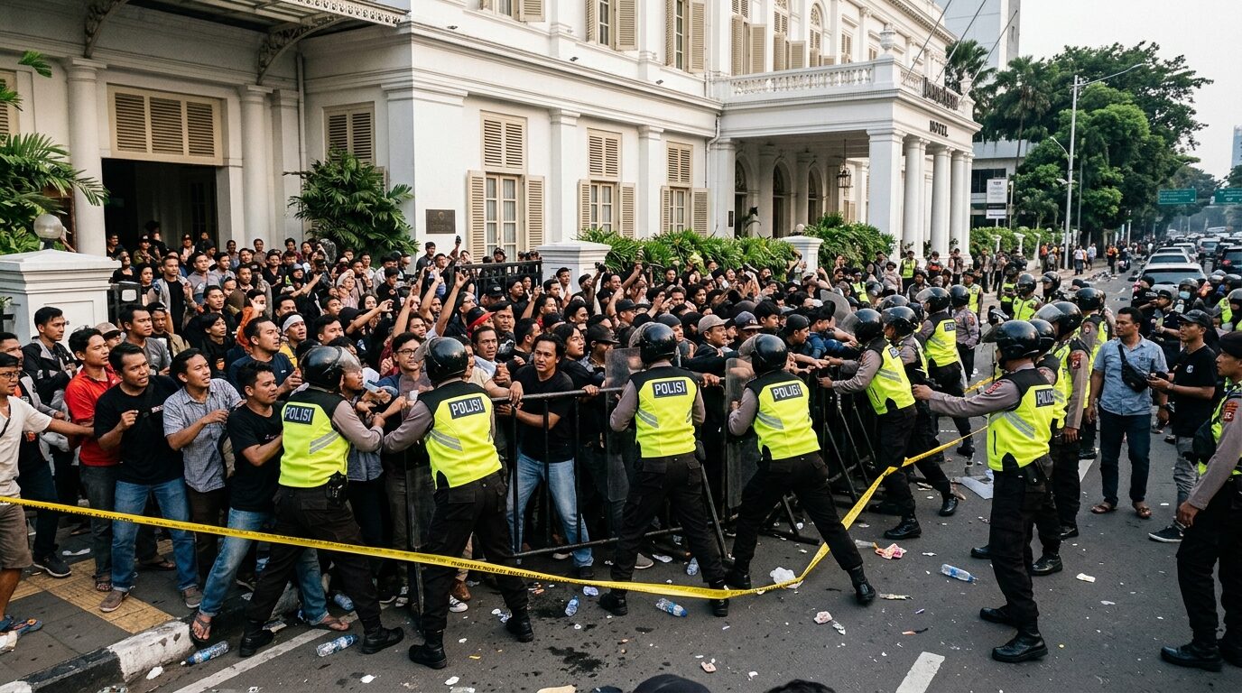 Aparat keamanan Polda Metro Jaya mengamankan lokasi eksekusi Hotel Sultan di Jakarta saat terjadi kericuhan