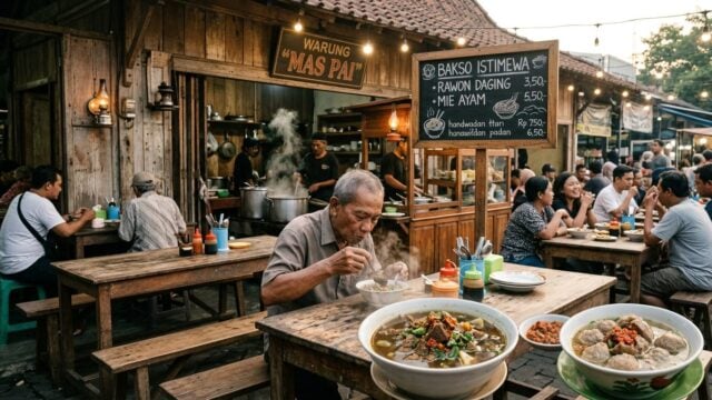Warung makan legendaris di Malang dengan hidangan bakso dan rawon tradisional, meja kayu, suasana merakyat