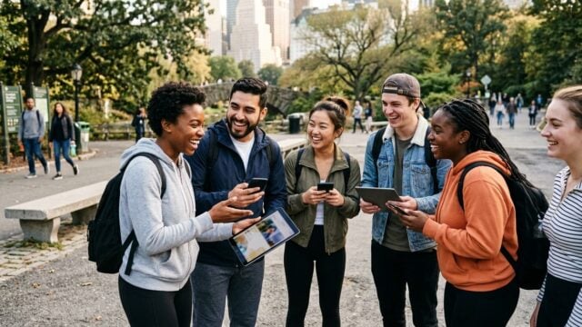 Sekelompok gamer sedang menikmati aktivitas outdoor di taman kota