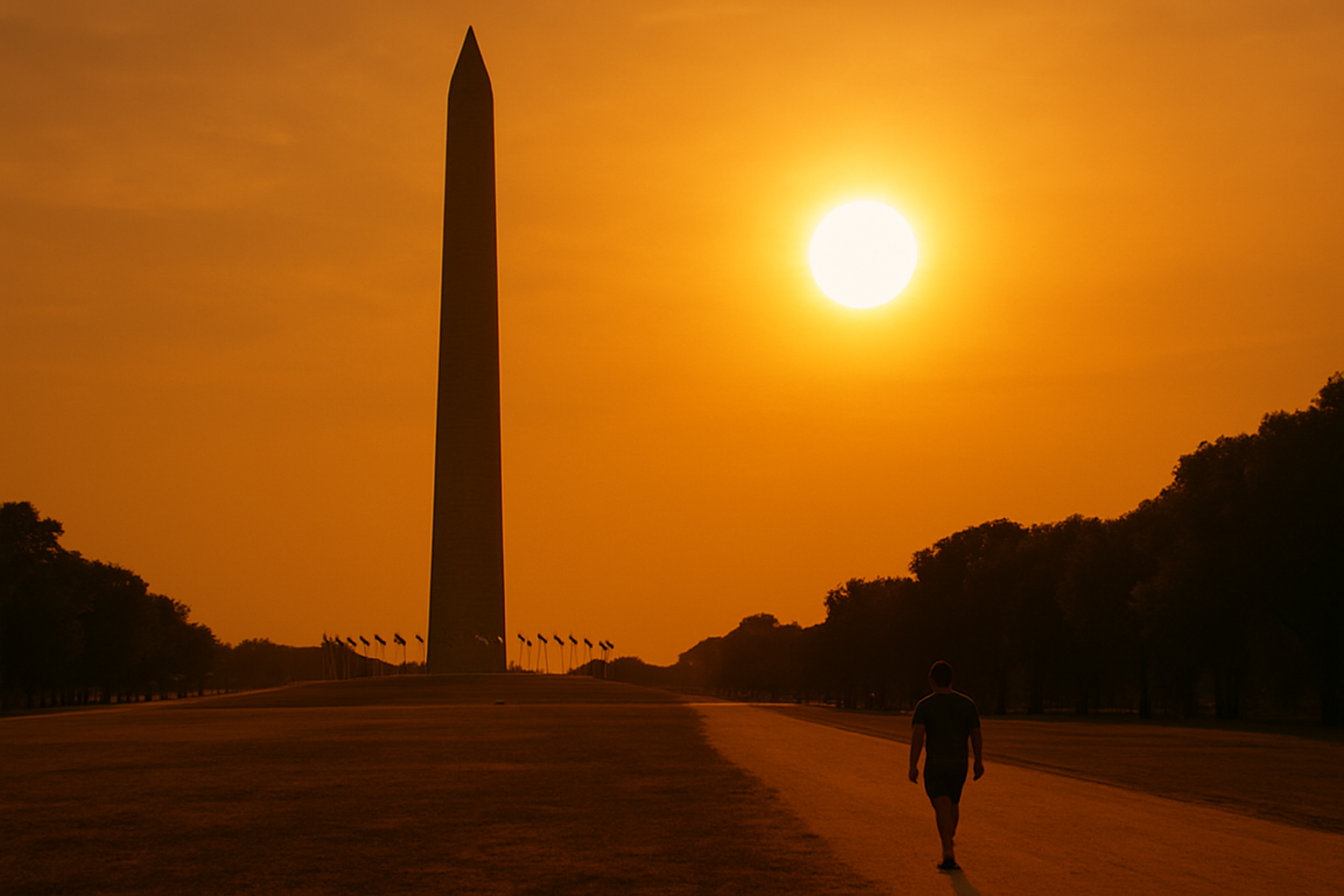 Pemandangan Monumen Washington di bawah terik matahari dengan latar belakang langit yang menyengat, disertai suasana sepi di